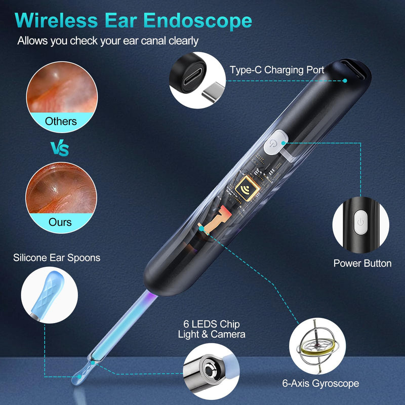 [Australia] - Earwax Remover Otoscope, 1080P Wifi Ear Cleaner Camera, IP67 Waterproof Ear Mirror 360° Wide Angle Ear Cleaner Otoscope Ear with 3.5mm Lens and 6 LEDs for iPhone, iPad and Android, Smartphones 
