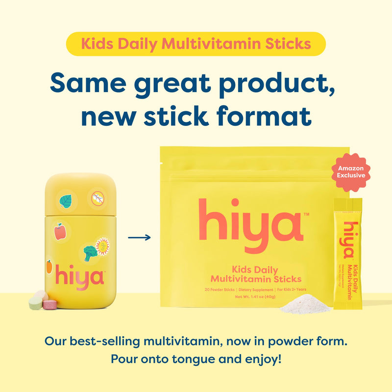 HIYA Kids Multivitamin, 20 Stick Packs for Toddlers & Kids, 0g Sugars | 15+ Essential Vitamins & Minerals with Fruits & Veggies for Ages 2+ Supports Growth, Development & Immune, Third Party Tested