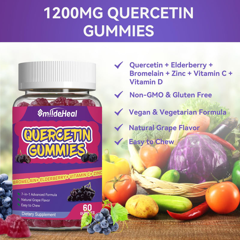 [Australia] - 2 Pack Quercetin Gummies 1200MG, Quercetin Gummies with Bromelain, Zinc Vitamin C, Immune System Vegan Gummy for Adult & Kid, 120 Vegan 60 Count (Pack of 2) 