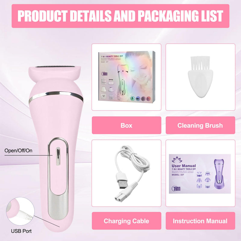 [Australia] - 3.0 Women Face Epilator, 7-in-1 Rechargeable Facial Hair Remover with LED Battery Display, Facial Shaver for Face, Eyebrow, Nose Trimmer (Pink) Pink 
