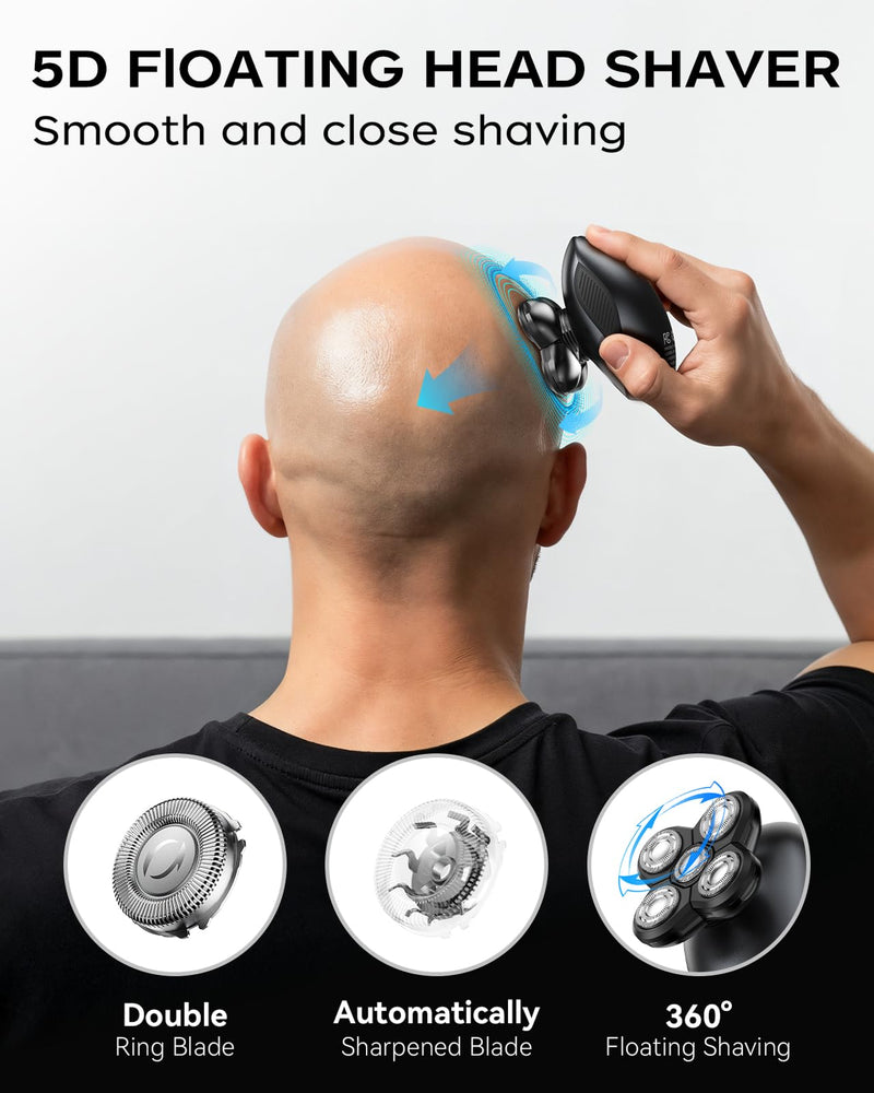 [Australia] - Head Shavers for Bald Men, 5-in-1 Electric Razor for Men with IPX7 Waterproof, 5D Rotary Shaver, Wet Dry Bald Head Shavers Grooming Kit, LED Display Rechargeable Body Hair Trimmer for Home & Travel 
