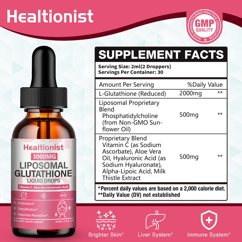 2 Pack 3000mg Liposomal Glutathione Liquid Drops with Vitamin C, 98% Absorption, Glutathione Liposomal Supplement, Powerful Antioxidant Complex for Immune System, Liver, 4 Fl Oz per Bottle 2 Fl Oz (Pack of 2)