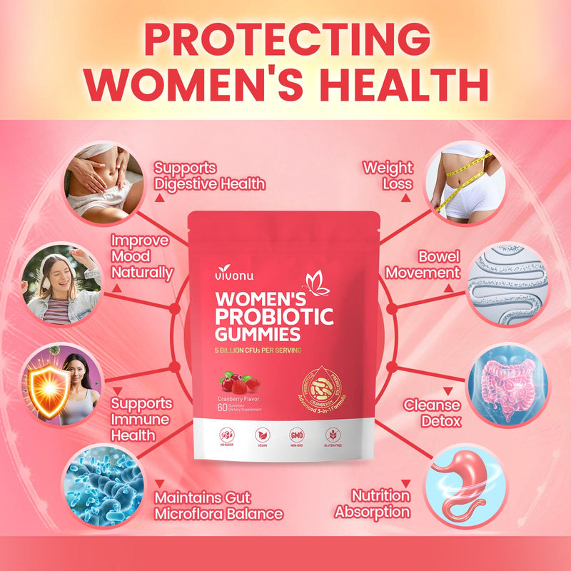 VivoNu Viginal Probiotic for Women, Women Probiotic Gummies, 60 Gummies | Feminine Balance Gummies, Cranberry Probiotics for Woman Vaginigal Health, Yeast Ph Balance 120P/2Bags