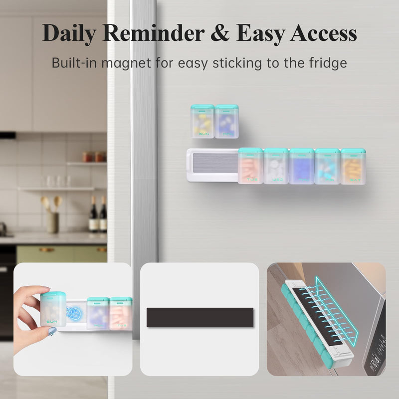 KOVIUU Weekly Pill Organizer, Magnetic Medicine Vitamin Case 1 Time a Day | Week Once Daily Supplement Box, Removable Medication Container Holder for Fridge, 7 Day Large Travel Pill Dispenser, Cyan