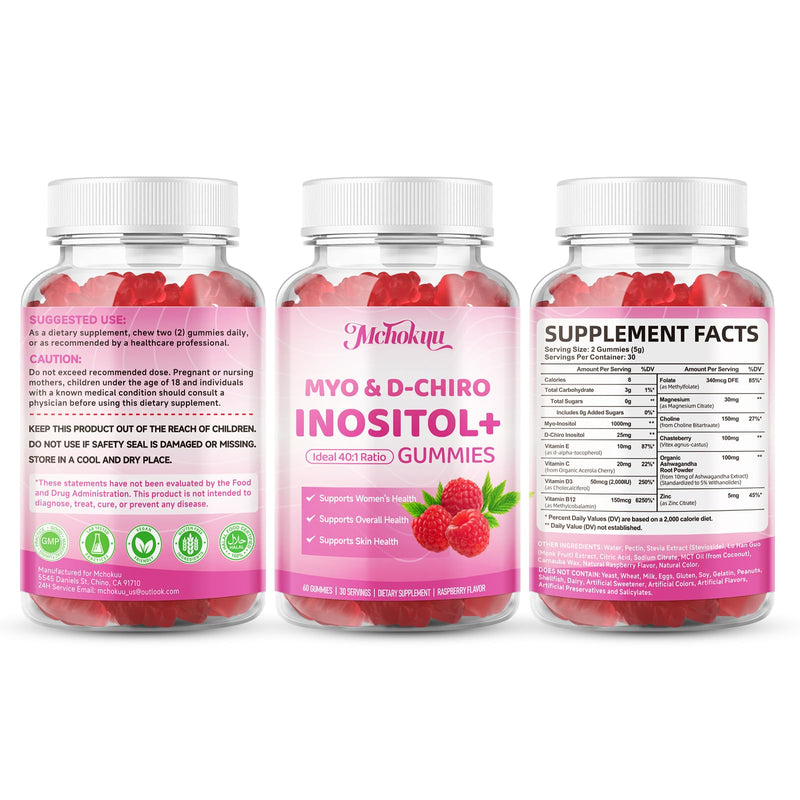 Myo-Inositol & D-Chiro Inositol Gummies, Ideal 40:1 Ratio Supplement for Women with Vitamin D3 & B12 for Support Hormonal Balance & Wellness, Sugar Free, Raspberry, 60 Count 60 Count (Pack of 1)