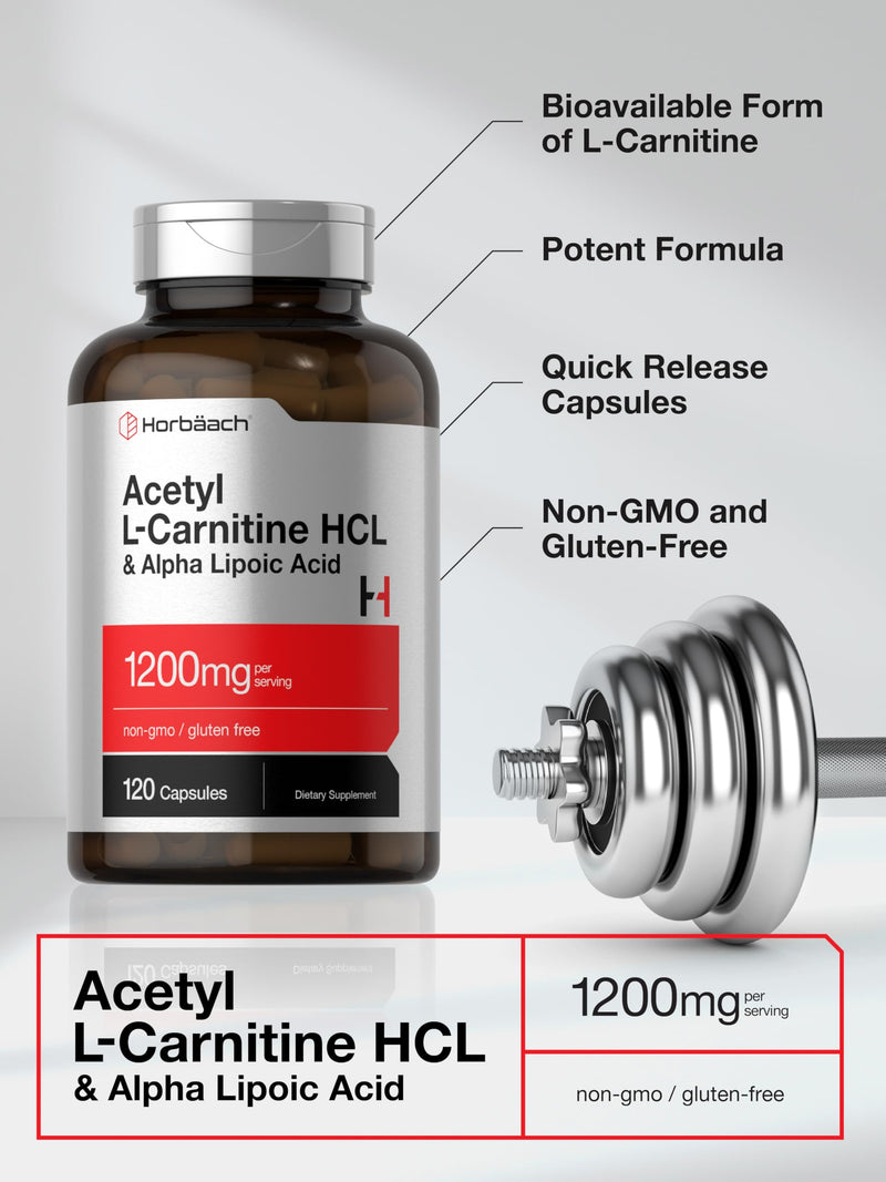 Horbäach Acetyl L Carnitine HCL & Alpha Lipoic Acid 1200mg | 120 Capsules | ALC ALA Complex | Non-GMO & Gluten Free Supplement 120 Count (Pack of 1)