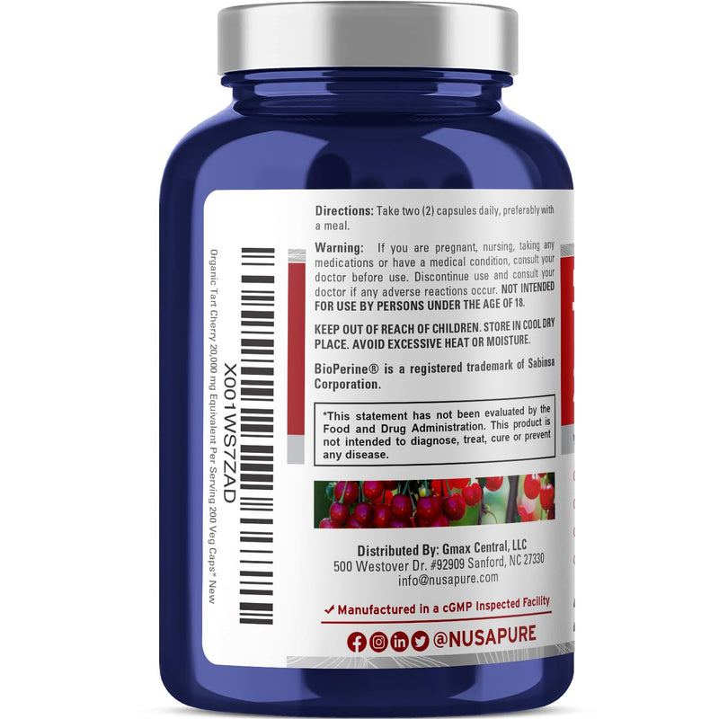 [Australia] - NusaPure Tart Cherry 20,000mg - 200 Veggie Caps (Vegan, Non-GMO, Vegan) Bioperine, Organic Tart Cherry Fruit 200 Count (Pack of 1) 