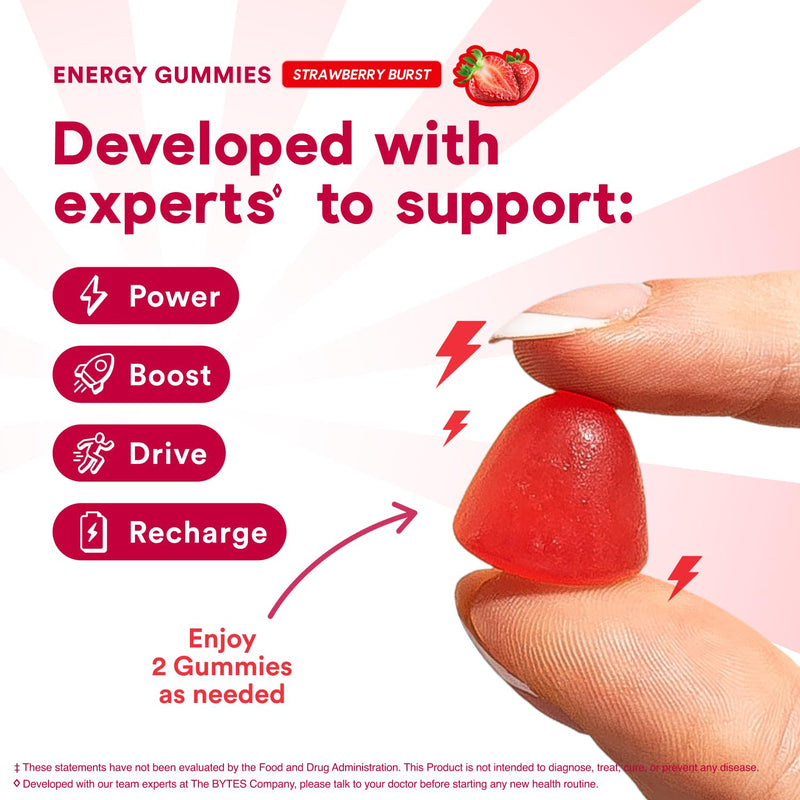 Energy Bytes Daily Energy Gummies – Fast Acting Caffeine Chews with Vitamins B3 B6 B12 A & D – Stay Focused and Energised Through Your Day – 60 Count