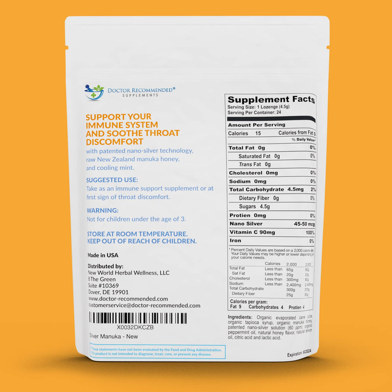 [Australia] - Silver Lozenges with Organic Manuka Honey and Vitamin C - All-Natural Nano Silver 45-50mcg of 60 PPM Colloidal Silver Mineral Drops to Support Immune System, Soothe, Cool Cough & Throat, 24-Lozenges 24 Count (Pack of 1) 