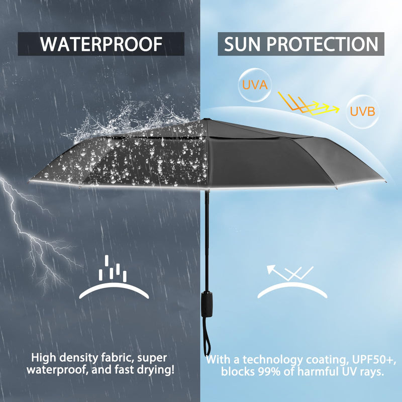 G4Free 2 Packs Windproof Portable Travel Umbrella for Rain & Sun, Strongest Fiberglass Frame, Eco Double Canopy with Reflective Strip, Auto Open Close Folding Umbrella For Car, Backpack, Purse