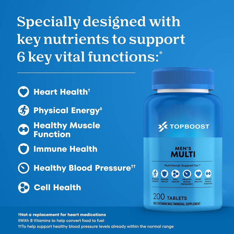 Topboost Multivitamin for Men - 200 Vegan Tablets, 19+ Active Daily Mens Multivitamins with Vitamin D, Zinc, Folic Acid, and B Vitamins, Physical Energy Support, 200 Count