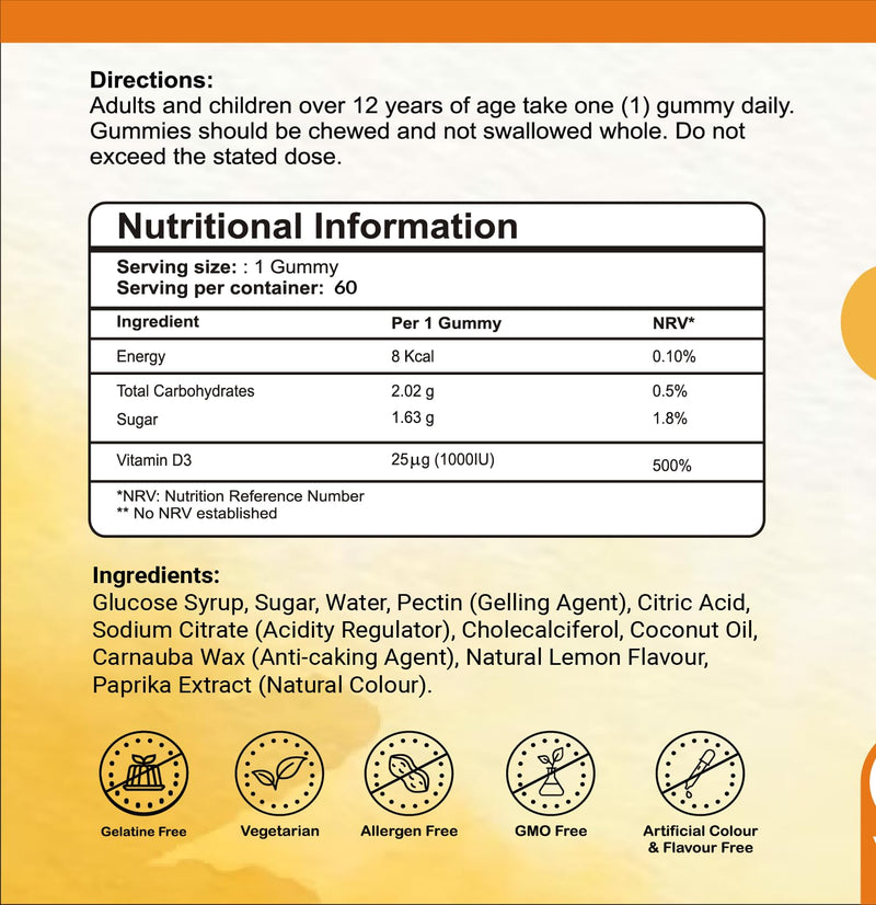 Pharmanostix Vitamin D3 1000iu Gummies - Natural Lemon Flavour Gummies for Teens & Adults - Support Immune Function and Help Maintain Bones and Teeth Helps in Calcium Absorption (60 Gummies)