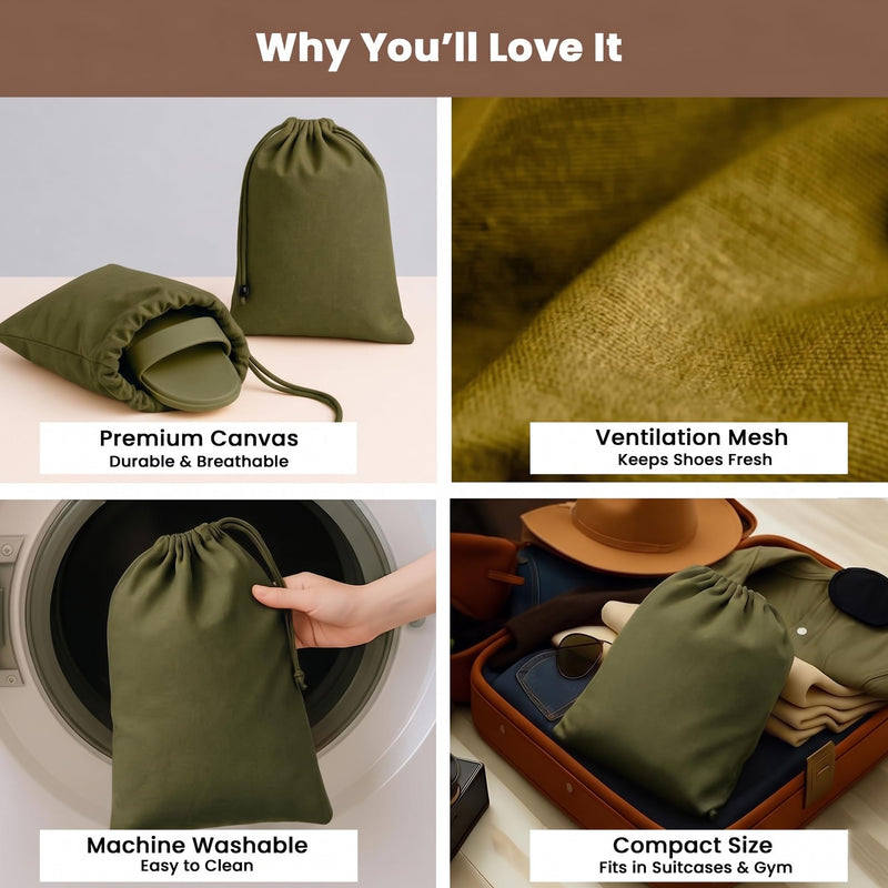 LFH Cotton Shoe Storage Bags with Drawstring, Breathable Dustproof Reusable Shoe Organizer for Travel, Gym, Dorm, Hotel, Machine Washable Easy Carry 8"x17" (Pack of 6), Military Green 8"x17" (Pack of 6)