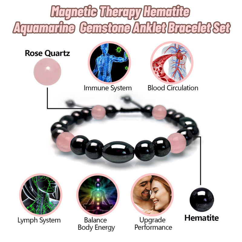 Hion 2 Pack Magnetic Therapy Anklet Bracelet Plus 1 Pack Magnetic Bracelet for Women/Men Pain Relief,Anxiety, Love Attraction, Magnetic Therapy Hematite Rose Quartz Gemstone Anklet Bracelet Set Magnetic Hematite & Rose Quartz