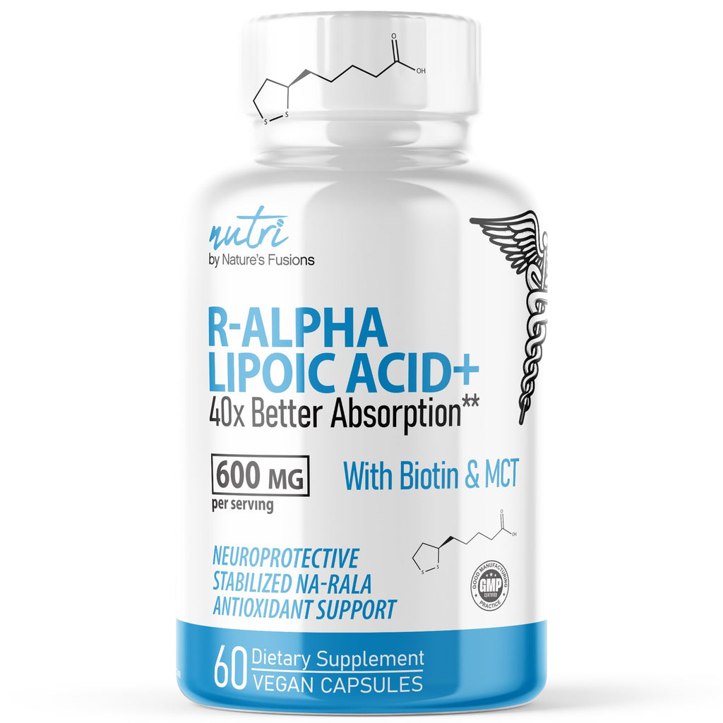 Nutri R Alpha Lipoic Acid 600mg Capsules - R Lipoic Acid Stabilized with Biotin - Active Form R-ALA - Clinical Dosage - Powerful Antioxidant and Cellular Energy Support - 60 Vegan Capsules 60 Count (Pack of 1)