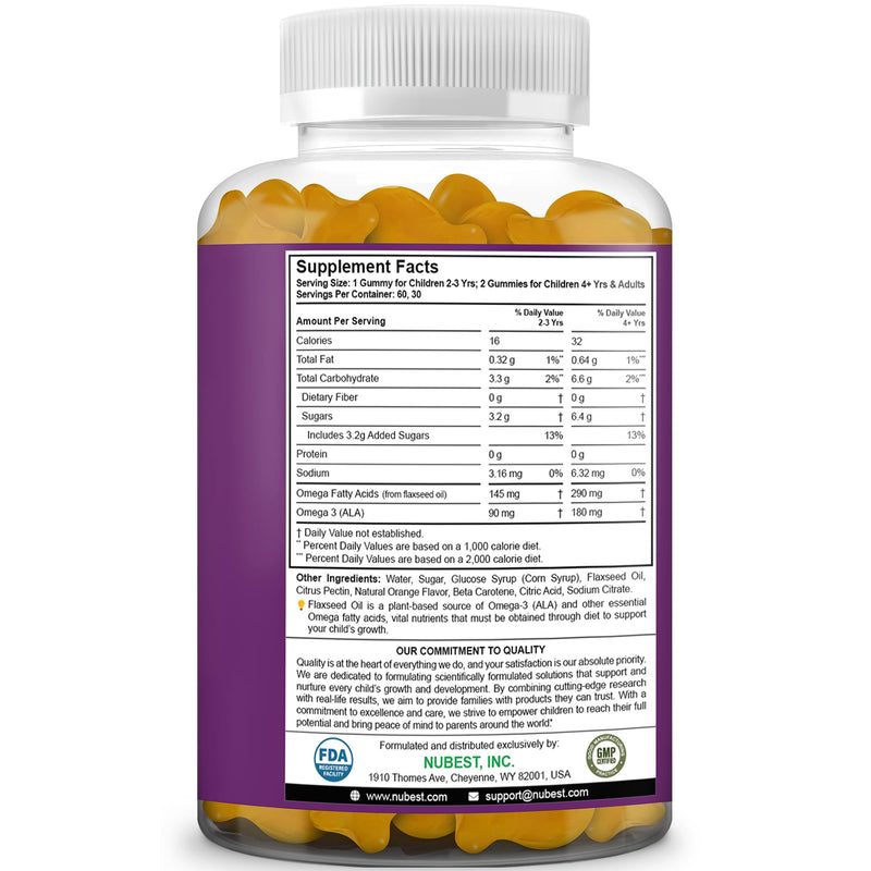NuBest Omega 3 Gummies for Kids & Teens with Flaxseed Oil | Supports Brain Growth, Mental Clarity, Focus, and Eye Health | No Added Sugar | Orange Flavor | 60 Premium Vegan Gummies | 1 Month Supply