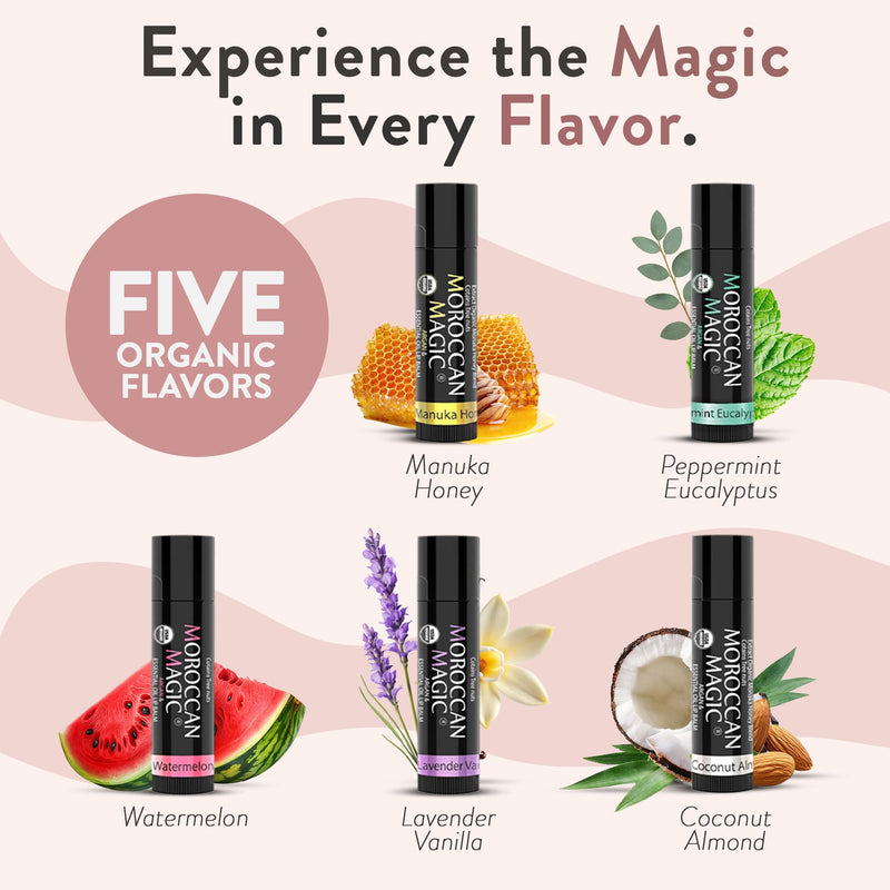 Moroccan Magic Organic Lip Balm 5 Piece Variety Pack Gift Set | Ultra-Hydrating Argan & Essential Oil Lip Moisturizer + Vitamin E | Smooth | Natural | Non-Toxic | Cruelty Free | 5 Pack | Ultra-Hydrating Lip Balms & Moisturizers | Non-Toxic Lip Care for...
