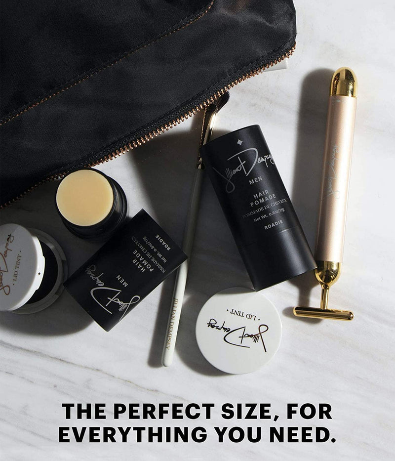 Jillian Dempsey Makeup Bag, Everyday 2-Pocket Cosmetic Organizer, Nylon | Medium everyday cosmetic organizer with two pockets and easy-clean nylon. Black with rose gold, travel-friendly.