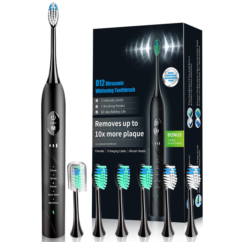 Sonic Electric Toothbrush for Adults, Rechargeable with 6 Replacement Brush Heads, 5 Modes and 3 Intensity, with 2-Minute Intelligent Timer and IPX7 Waterproof Technology, in Antique Black