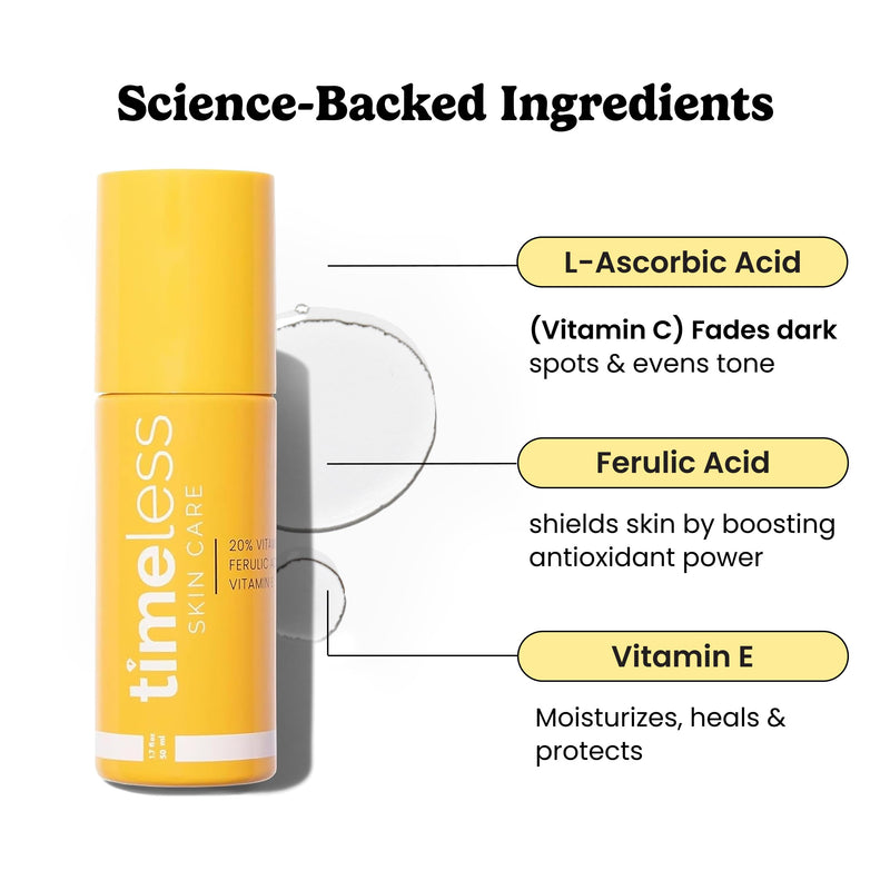 Timeless 20% Vitamin C + E Ferulic Acid Serum, Antioxidant, 1.7 fl oz | Vitamin C Serum for Even Skin Tone and Collagen Support, Antioxidant-Rich Advanced Skincare Formula, Lightweight 1.7 Fl Oz (Pack of 1)