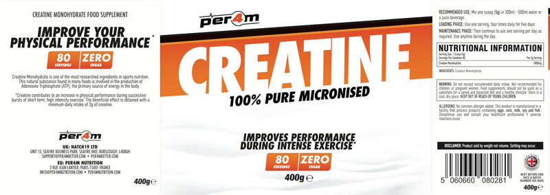 Per4m Creatine Powder | 100% Pure Micronised Creatine Monohydrate | 5000mg of Creatine | 80 Servings (400g, Unflavoured) 80 Servings (400 g)