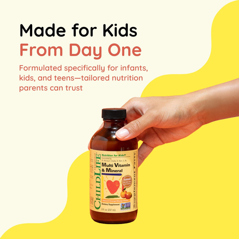 ChildLife Essentials Kids Multivitamin & Mineral, Mango, 8 Fl Oz (2 Pack) | Vitamins for Kids, Liquid Multivitamin Supplement, Toddler & Baby Wellness, Natural, & Mineral Orange Mango 8 Fl Oz (Pack of 2)