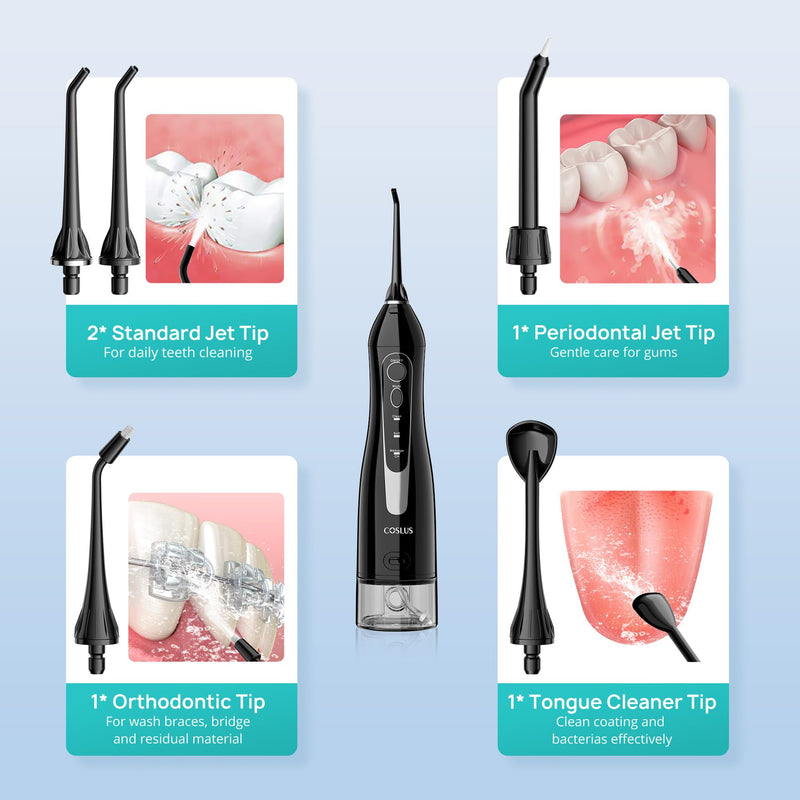 [Australia] - COSLUS Water Dental Flosser Teeth Pick: Portable Cordless Oral Irrigator 300ML Rechargeable Travel Irrigation Cleaner IPX7 Waterproof Electric Waterflosser Flossing Machine for Teeth Cleaning F5020E Dark Black 
