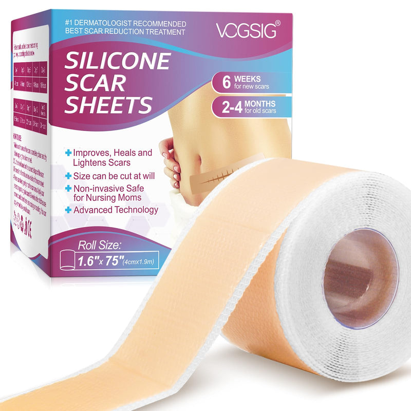 Silicone Scar Sheets,Silicone Scar Tape Roll,Soft Silicone Tape for Scar Removal,Reusable Waterproof Professional Scar Treatment Patch for C-Section,Keloids,Surgical,Acne (Roll Size 1.6''x75''-1.9M) Roll Size 1.6''x75''