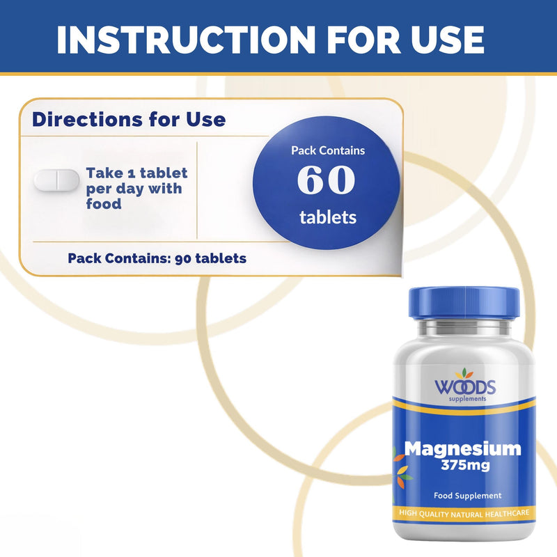 Woods Supplements - 375mg High Strength Magnesium Citrate 60x Vegan Tablets. High Absorption Magnesium Mineral Complex for Energy Production, Muscles, Nervous System & Heart Health 60
