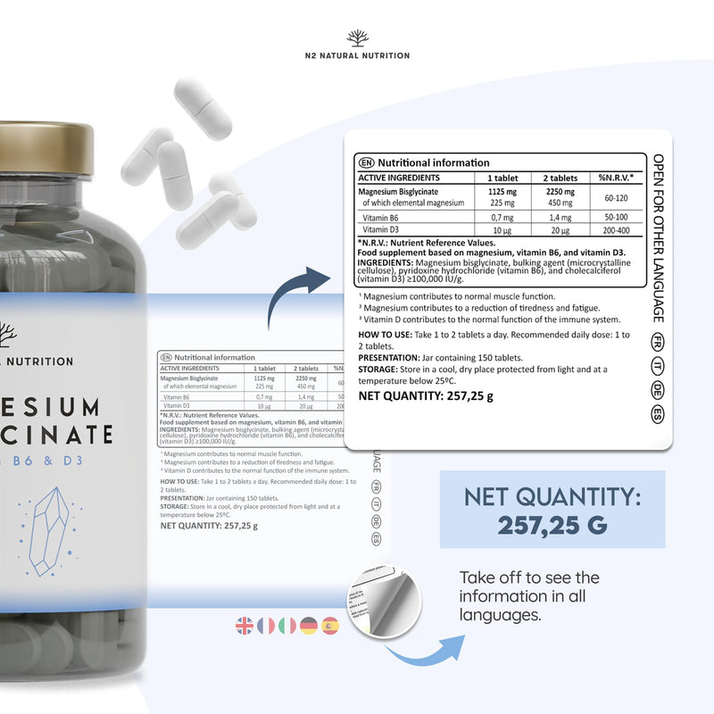 Magnesium Bisglycinate 2250mgt, 450mg Elemental Magnesium, Vitamin D3 + B6 (up to 5 Months) 150 High Absorbtion Divisible Tablets, Help Reduce Tiredness and Fatigue. N2 Natural Nutrition