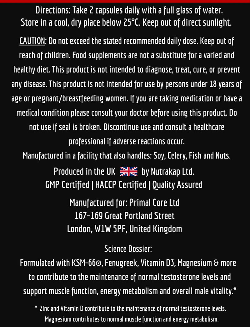 Primal Core Invictor – Men’s Vitality & Performance Supplement – KSM-66® Ashwagandha, Fenugreek, Zinc & Vitamin D3 – 60 Capsules