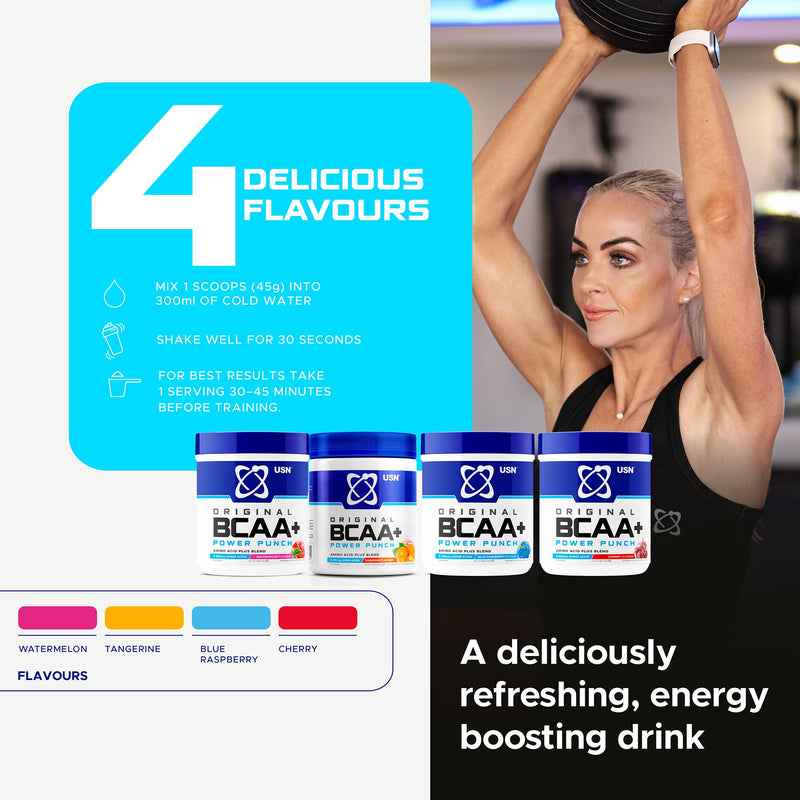 USN Power Punch BCAA Amino Acids Powder, Watermelon Flavour - 400g, Vegan BCAA Powder, Vitamin B6 & No Sugar, Pre Workout or Intra Workout Energy Drink Mix & Dietary Supplement to Maximise Performance 36 Servings (400 g, Pack of 1)