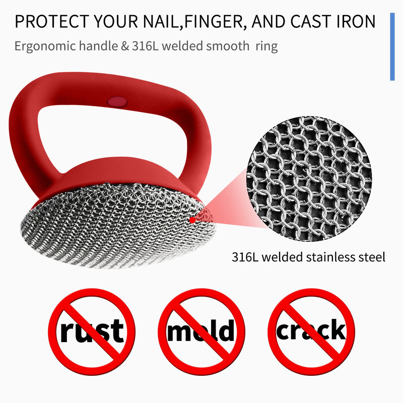 [Australia] - Cast Iron Cleaner Brush with Heavy Duty Handle, 3mm Soldered Fine Chain Mail Scrubber Brush - Small Ring Chainmail Pan Pot Scrubber Metal Scrub Brush to Clean Skillet, Cast Iron Griddle Cleaning Brush Red brush 