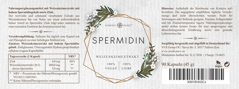 [Australia] - Spermidine capsules high dosage | 5mg per capsule | Natural wheat germ extract with high spermidine content | 90 vegan spermidine capsules | New formula 