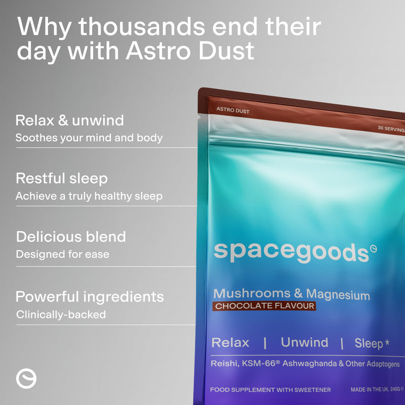 Spacegoods Astro Dust 240g ℮, 30 Servings, Contains Magnesium and Ashwagandha, Relax Unwind & Sleep Deeply, Soothe Body & Mind, Chocolate Flavour 240 g (Pack of 1)