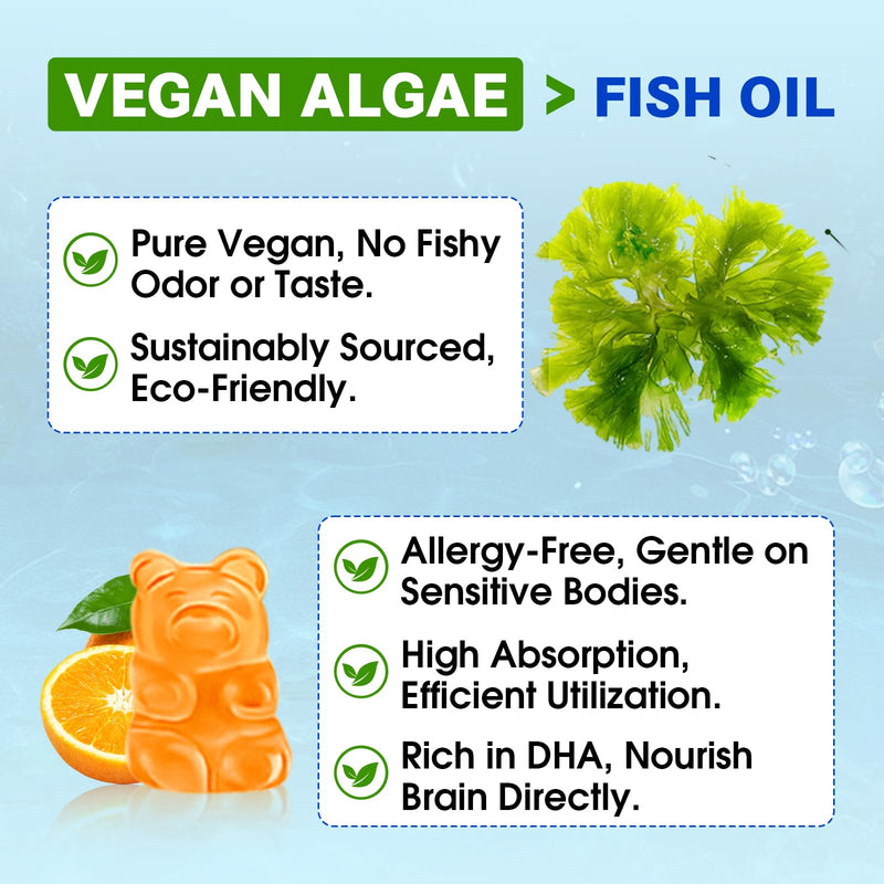 2 Pack Algae Omega 3 Gummies for Women, Men & Kids, Fish Oil Alternative | Boost Brain, He♡rt, Eye & Immune Function, With Plant Based 460 MG DHA & 230 MG EPA, No Fishy Taste, Sugar Free Orange 60 Count (Pack of 2)