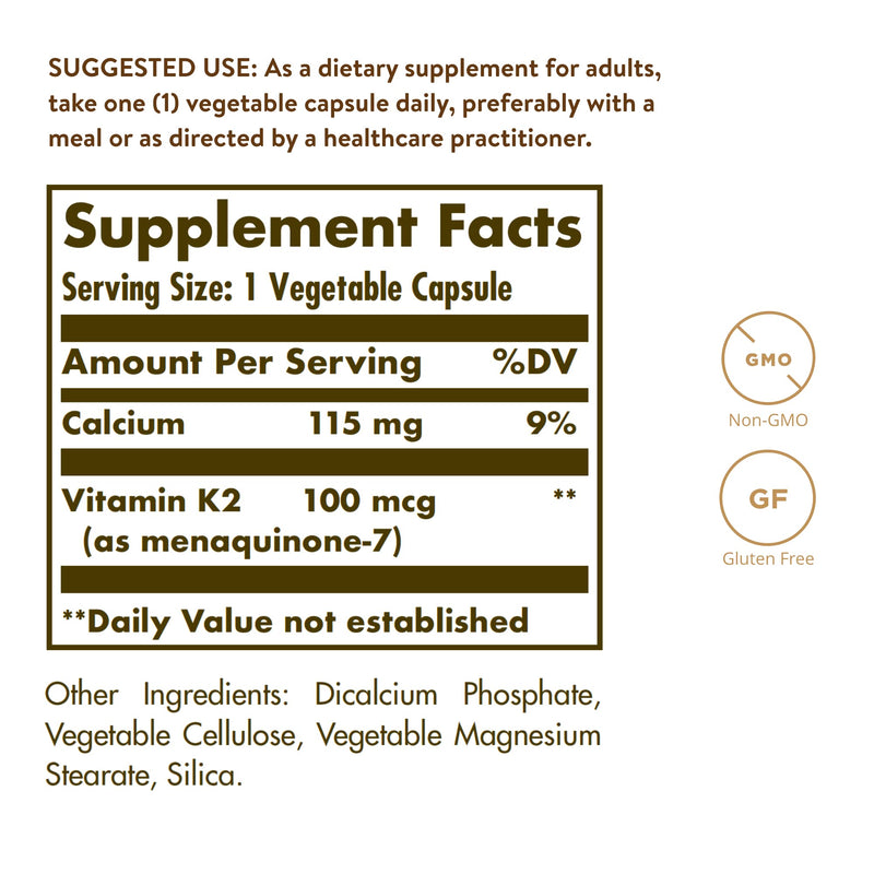 Solgar Naturally Sourced Vitamin K2 (MK-7) 100 mcg - 50 Vegetable Capsules - Supports Bone Health - Whole Food Source from Natto Extract - Non-GMO, Gluten Free - 50 Total Servings 50 Count (Pack of 1)