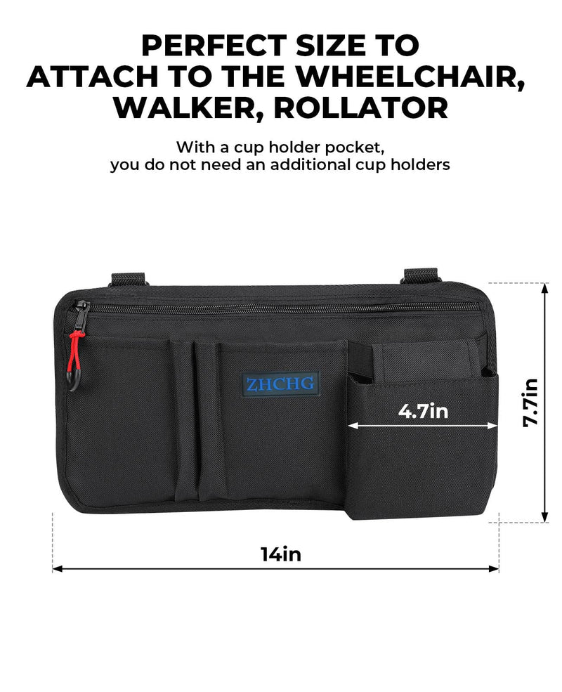 [Australia] - Wheelchair Side Bag with Cup Holder, Wheelchair Armrest Pouch Accessories for Walker, Rollator, Electric Scooter Wheelchairs, Ideal Gift for Mother's Day & Father's Day Black 