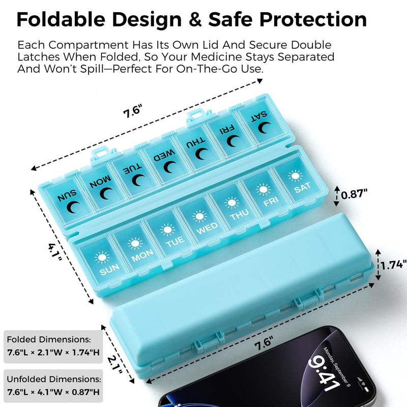 Foldable Pill Organizer Weekly 2 Times a Day, 7 Day Portable AM PM Travel Pill Case with Black&White Labels, Dual-Protection Daily Medicine Box, Large Pill Container for Vitamin/Supplement-Blue Blue