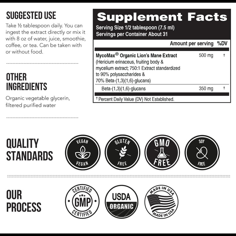 [Australia] - MycoMax Lions Mane Extract - 70% Beta Glucans, Max Potency Organic Lions Mane Supplement, US Grown + Ultrasonic Extraction - 500 mg per serving - Mental Clarity, Focus and Memory - 8 oz. Lions Mane Extract (Liquid) 8 Fl Oz (Pack of 1) 