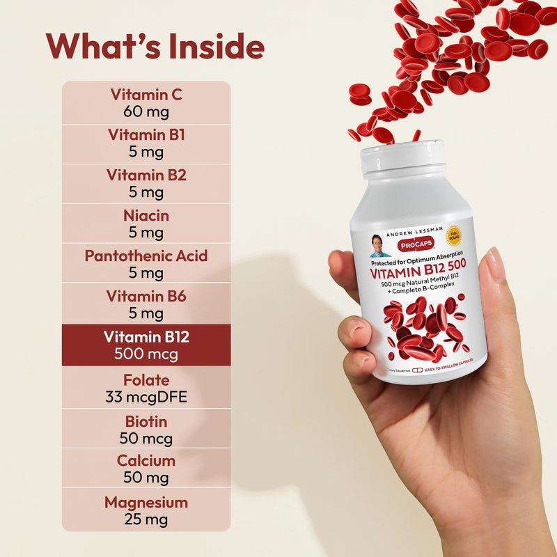 ANDREW LESSMAN ProCaps Vitamin B12 500 mcg with B-Complex 180 Capsules | Absorption-protected Methylcobalamin with B-Complex supports energy, brain, heart and nervous system health. 180 Count (Pack of 1)