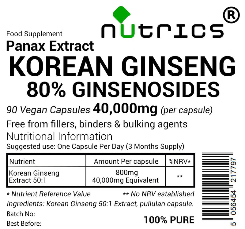 80% Ginsenosides 40,000mg (per Capsule) Korean Ginseng 50:1 PANAX Root Extract 100% Pure Vegan Capsules - No fillers Gelatinised Ginseng Supplement 90 Capsules (3 Month Supply)