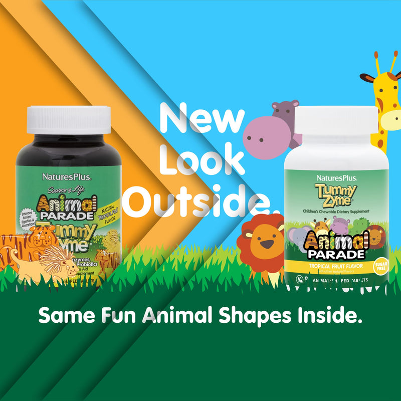 NaturesPlus Animal Parade Tummy Zyme Children’s Chewable, Tropical Fruit Flavor - 90 Animal-Shaped Tablets - Contains Live Probiotics - Vegetarian, Gluten Free, Sugar Free - 90 Servings