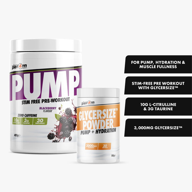 Per4m Pump Stim Free Pre Workout & Glycersize™ Powder | 10g L-Citrulline, 3g Taurine & 3000mg Glycersize for Pump, Hydration & Muscle Fullness | 30 Servings, 495g + 90g (585g, BlackBerry) 585g