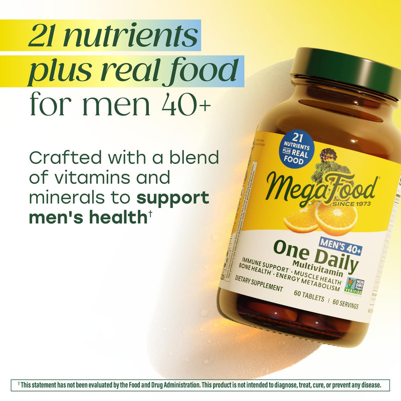 MegaFood One Daily Multivitamin for Men 40+ with 21 Nutrients, 60 Tablets | Immune Support, Heart, Muscle & Prostate Health, Methylated B12, Methylfolate, Vitamin D3, C & Zinc, Vegetarian, 60 Servings Unflavored 60 Count (Pack of 1)
