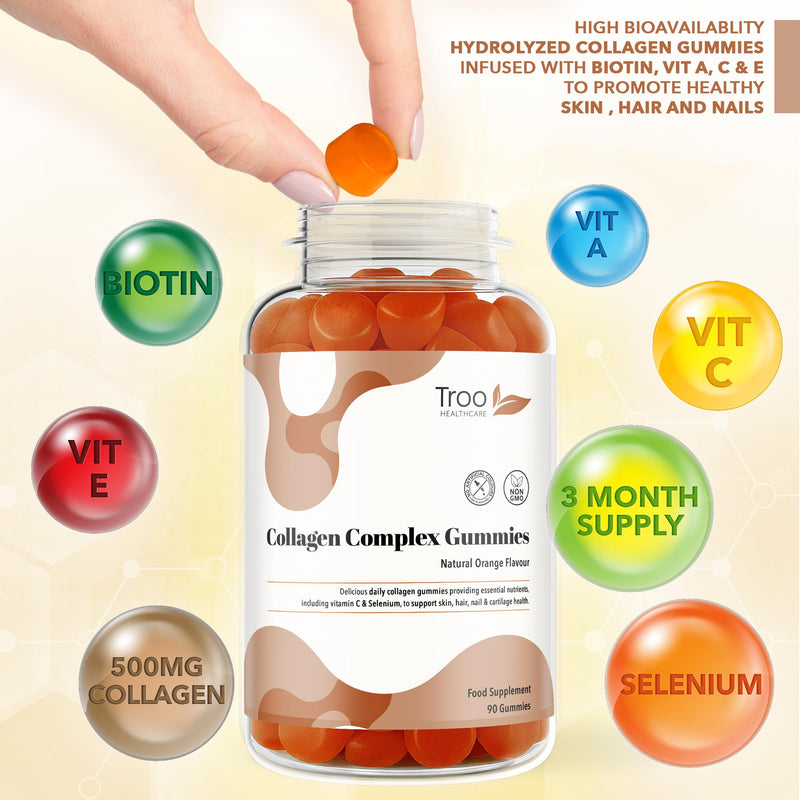 Troo Health Care Collagen Complex - 90 Natural Orange Gummies - One Per Day Hydrolysed Collagen with Biotin, Vitamin C & Selenium - Three Months Supply – Healthy Skin & Hair for Men & Women 90 count (Pack of 1)
