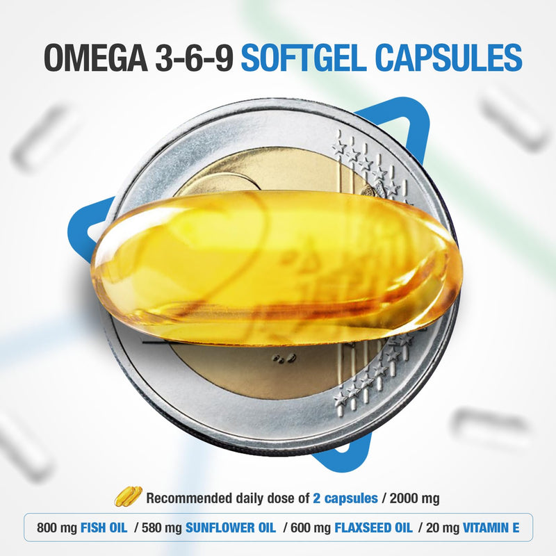 Omega 3 6 9 Capsules High Strength - 1000 mg per Softgel - 100 pcs (3+ Month Supply) of Essential Fatty Acids, Each with 1000mg of Premium Quality Omega 369 Fish, Sunflower, Flaxseed Oil and Vitamin E 1000_UK
