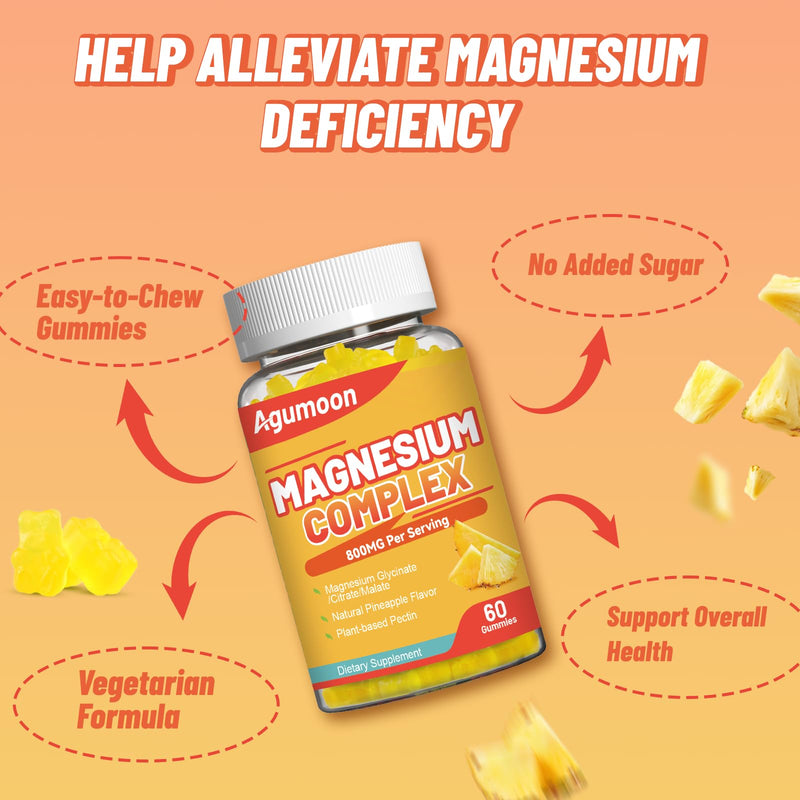 Magnesium Complex Gummies 800mg with Zinc & B6, B12, C, D3, 120 Count | High Absorption Glycinate, Citrate, Malate, Magnesium Complex for Women Men, Non-GMO, Gluten-Free, Pineapple Flavor 60 Count (Pack of 2)
