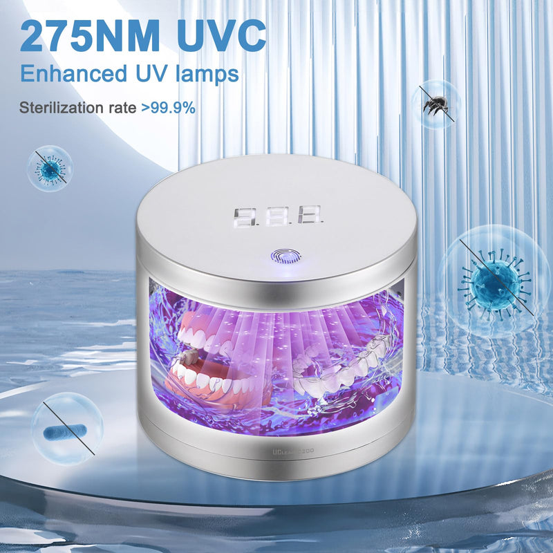 [Australia] - Ultrasonic Cleaner for Mouthguards, Retainers, Dentures Jewelry with UV Sanitizing, 45kHz 3-Cleaning-Mode Silver 