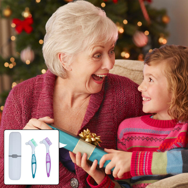 [Australia] - 2Pcs Denture Brush False Teeth Toothbrush with 1 White Carrying Case, Effective Denture Cleaning Brush with Multi-Layered Soft Bristles,Green and Purple Green & Purple 